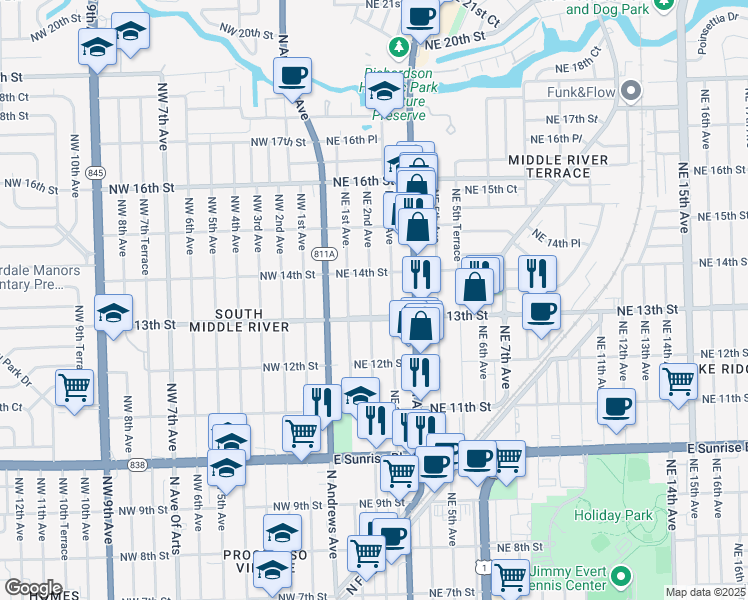 map of restaurants, bars, coffee shops, grocery stores, and more near 1335 Northeast 3rd Avenue in Fort Lauderdale