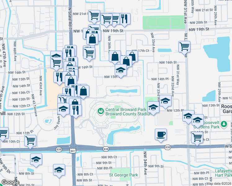 map of restaurants, bars, coffee shops, grocery stores, and more near 3524 Northwest 14th Court in Lauderhill