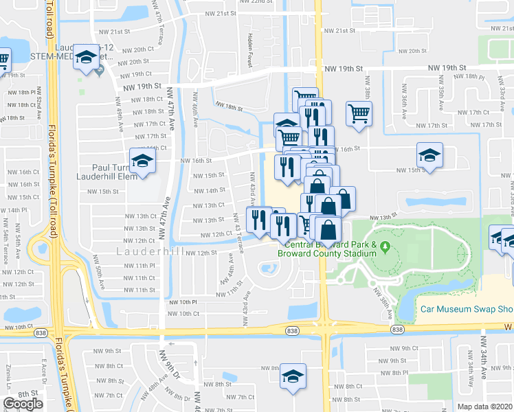 map of restaurants, bars, coffee shops, grocery stores, and more near 1330 Northwest 43rd Avenue in Lauderhill