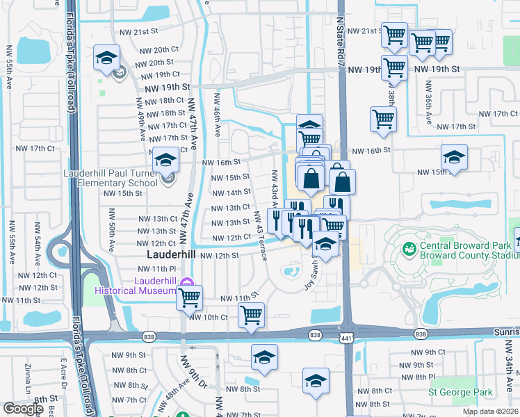 map of restaurants, bars, coffee shops, grocery stores, and more near 1380 Northwest 43 Terrace in Lauderhill