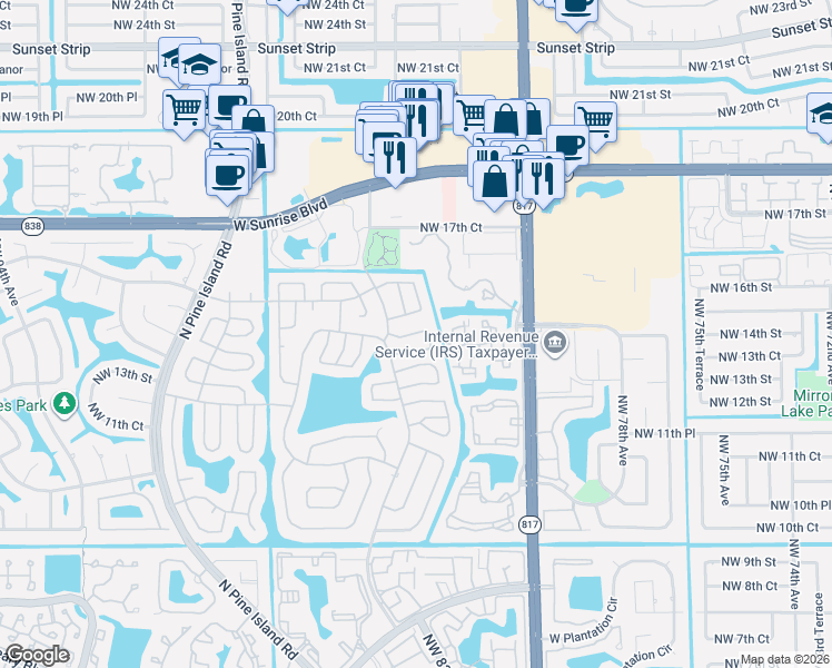 map of restaurants, bars, coffee shops, grocery stores, and more near 8228 Northwest 16th Street in Plantation