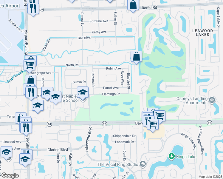 map of restaurants, bars, coffee shops, grocery stores, and more near 4481 Parrot Avenue in Naples