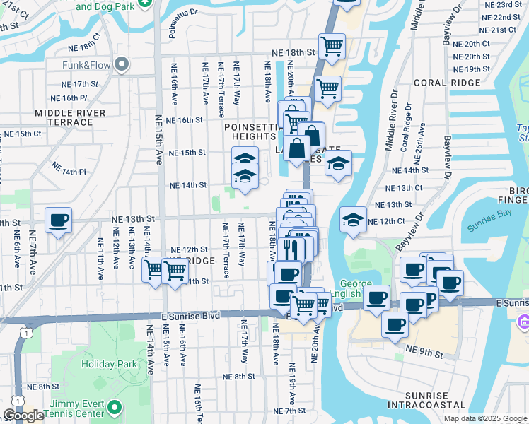 map of restaurants, bars, coffee shops, grocery stores, and more near 1801 Northeast 13th Street in Fort Lauderdale
