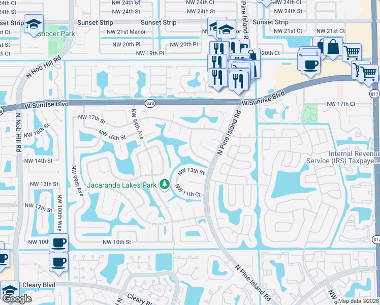 map of restaurants, bars, coffee shops, grocery stores, and more near 1450 Northwest 92nd Avenue in Plantation