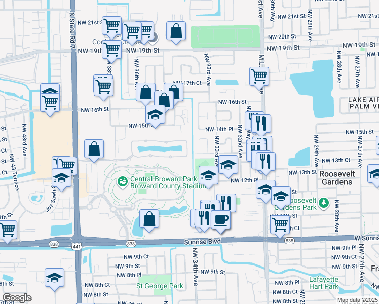 map of restaurants, bars, coffee shops, grocery stores, and more near 1436 Northwest 34th Way in Lauderhill