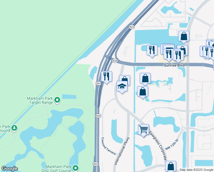 map of restaurants, bars, coffee shops, grocery stores, and more near 1571 Sawgrass Corporate Parkway in Sunrise