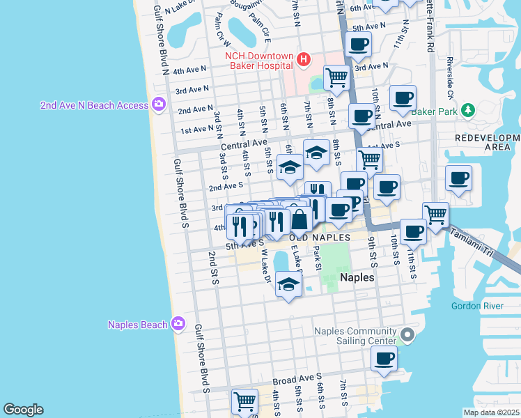 map of restaurants, bars, coffee shops, grocery stores, and more near 477 3rd Avenue South in Naples
