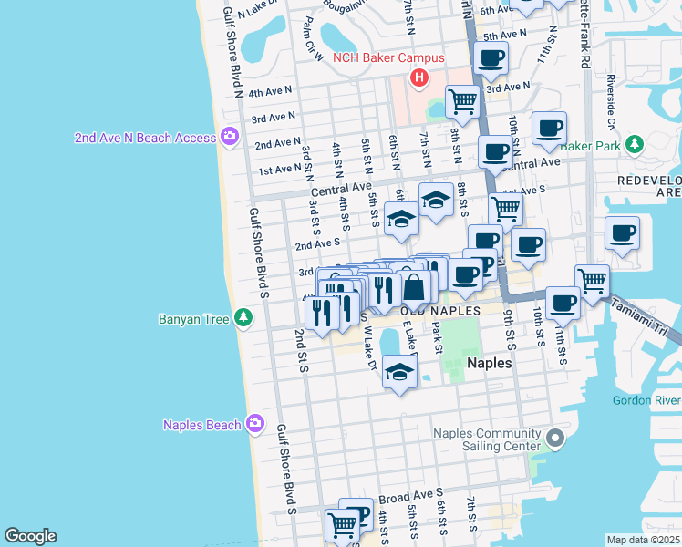 map of restaurants, bars, coffee shops, grocery stores, and more near 385 3rd Avenue South in Naples