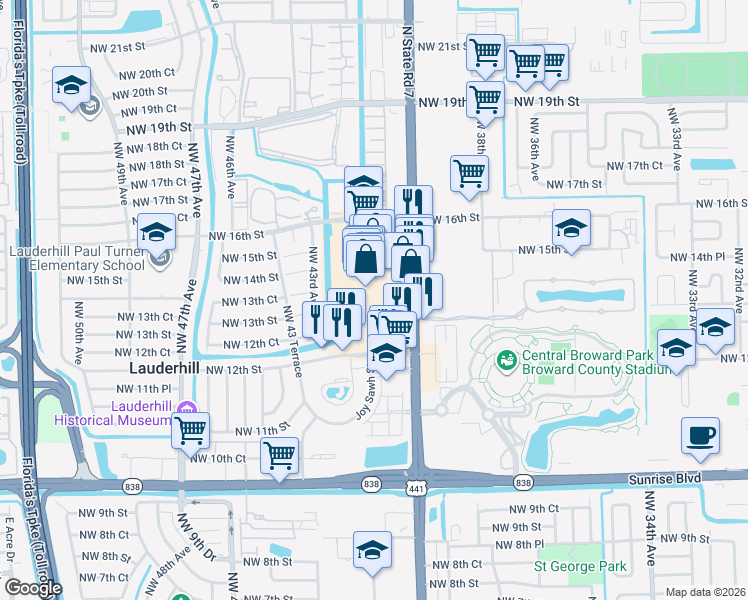 map of restaurants, bars, coffee shops, grocery stores, and more near 1501 Northwest 40th Avenue in Lauderhill