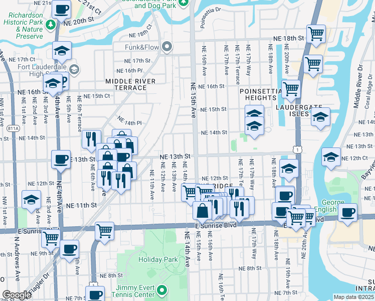 map of restaurants, bars, coffee shops, grocery stores, and more near 1325 Northeast 14th Avenue in Fort Lauderdale