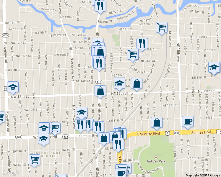map of restaurants, bars, coffee shops, grocery stores, and more near 1333 Northeast 5th Terrace in Fort Lauderdale