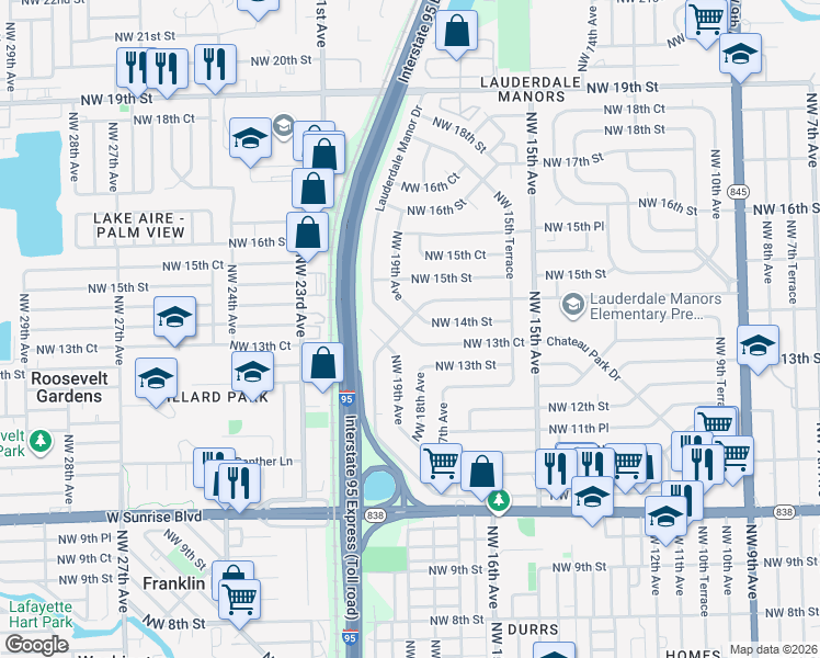 map of restaurants, bars, coffee shops, grocery stores, and more near 1749 Lauderdale Manor Drive in Fort Lauderdale