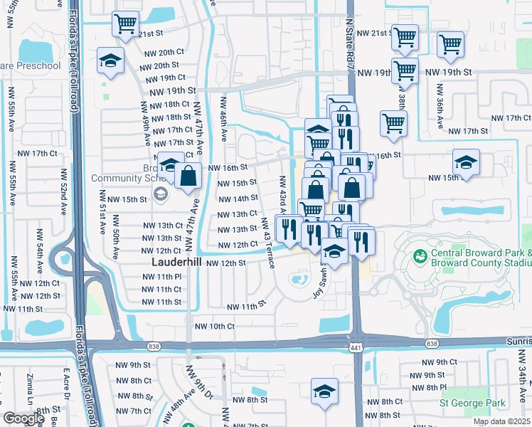 map of restaurants, bars, coffee shops, grocery stores, and more near 1380 Northwest 43 Terrace in Lauderhill