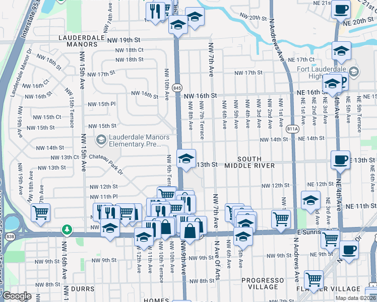 map of restaurants, bars, coffee shops, grocery stores, and more near 1340 Northwest 9th Avenue in Fort Lauderdale
