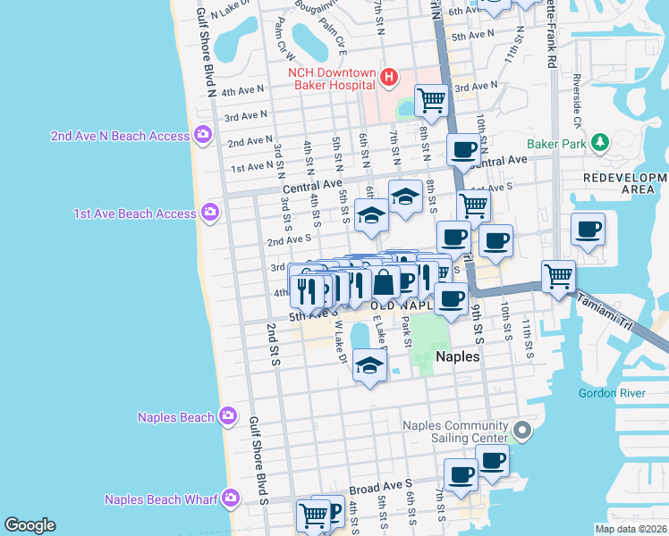 map of restaurants, bars, coffee shops, grocery stores, and more near 477 3rd Avenue South in Naples