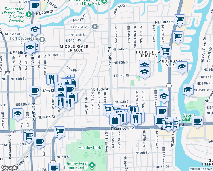 map of restaurants, bars, coffee shops, grocery stores, and more near 1325 Northeast 14th Avenue in Fort Lauderdale
