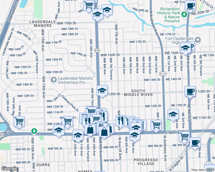 map of restaurants, bars, coffee shops, grocery stores, and more near 1341 Northwest 7th Terrace in Fort Lauderdale