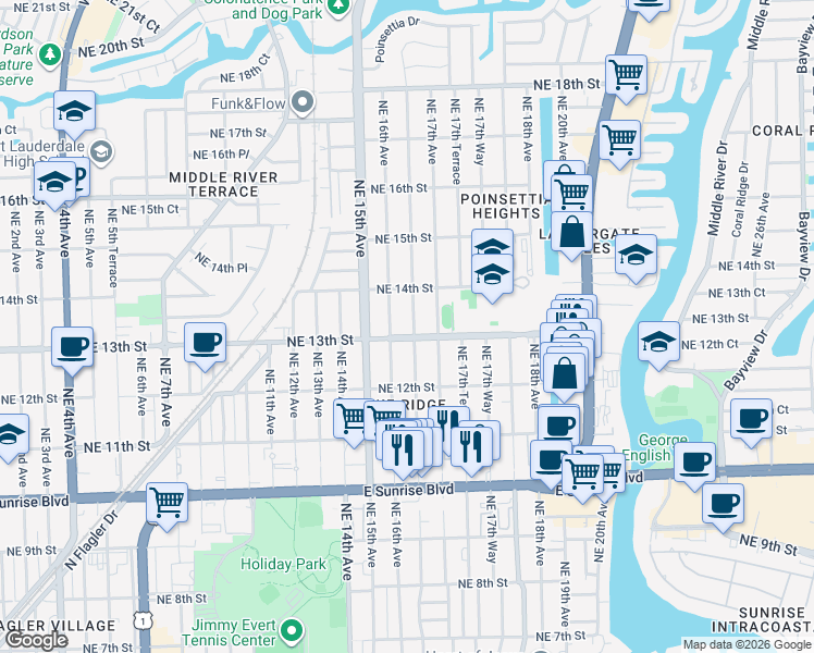 map of restaurants, bars, coffee shops, grocery stores, and more near 1326 Northeast 16th Terrace in Fort Lauderdale