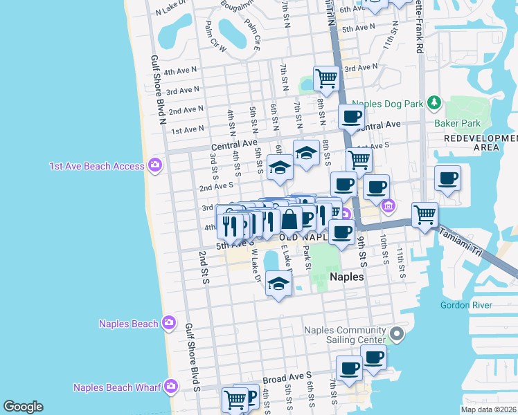 map of restaurants, bars, coffee shops, grocery stores, and more near 477 3rd Avenue South in Naples