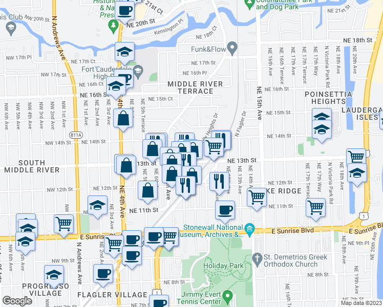 map of restaurants, bars, coffee shops, grocery stores, and more near 758 Northeast 13th Court in Fort Lauderdale