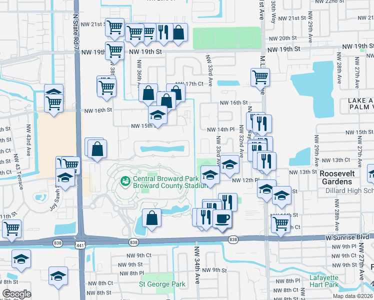 map of restaurants, bars, coffee shops, grocery stores, and more near 1421 Northwest 34th Way in Lauderhill