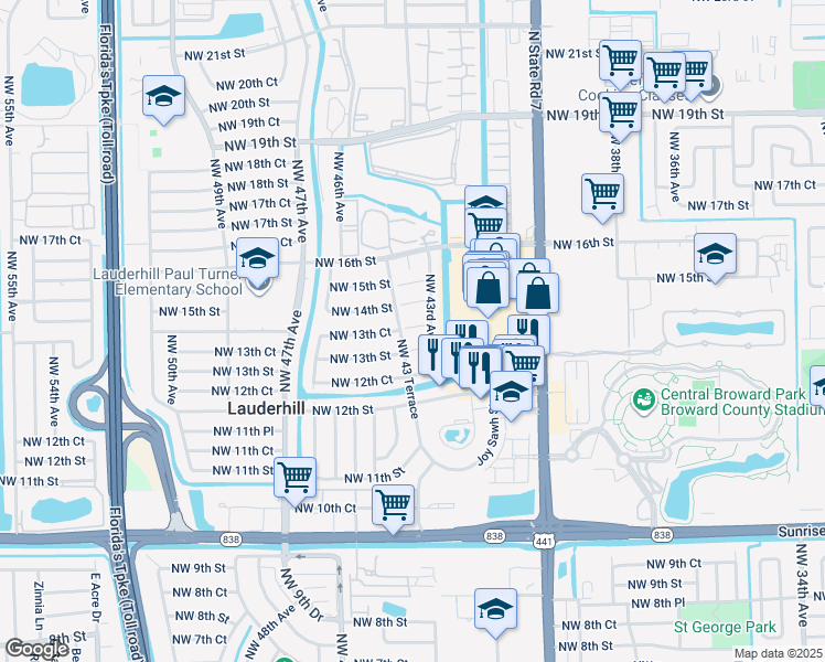 map of restaurants, bars, coffee shops, grocery stores, and more near 1380 Northwest 43 Terrace in Lauderhill