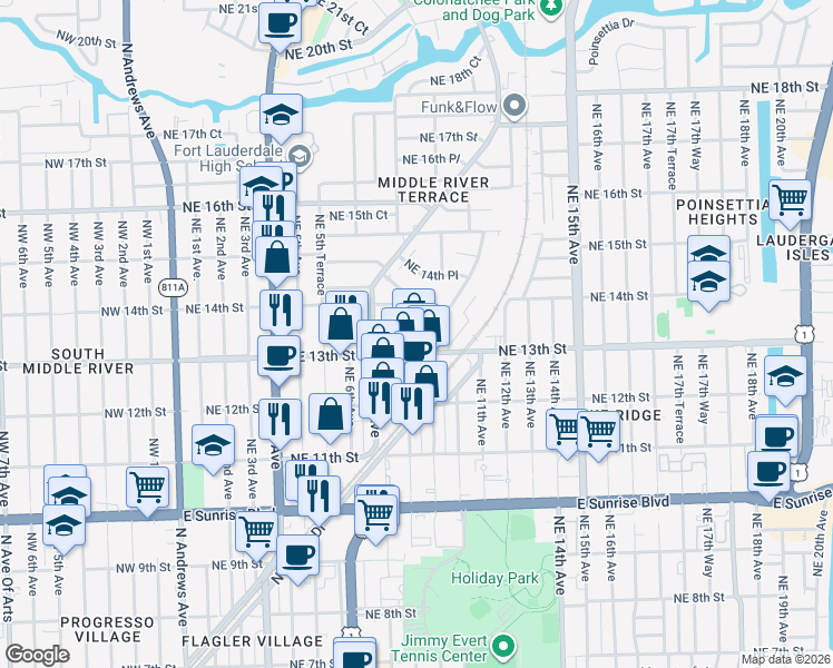map of restaurants, bars, coffee shops, grocery stores, and more near 1331 Holly Heights Drive in Fort Lauderdale
