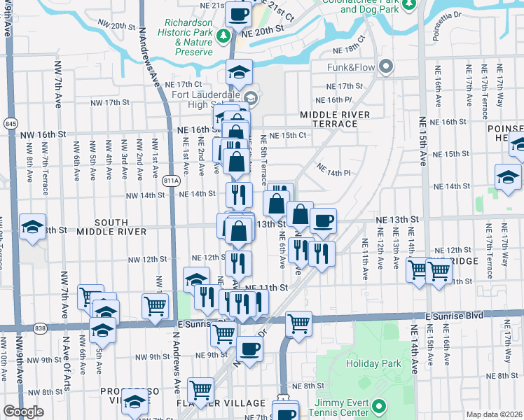 map of restaurants, bars, coffee shops, grocery stores, and more near 1329 Northeast 5th Terrace in Fort Lauderdale