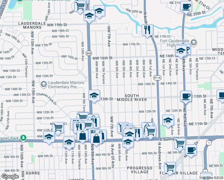 map of restaurants, bars, coffee shops, grocery stores, and more near 1340 Northwest 7th Avenue in Fort Lauderdale