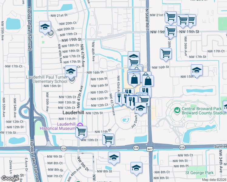 map of restaurants, bars, coffee shops, grocery stores, and more near 1380 Northwest 43 Terrace in Lauderhill