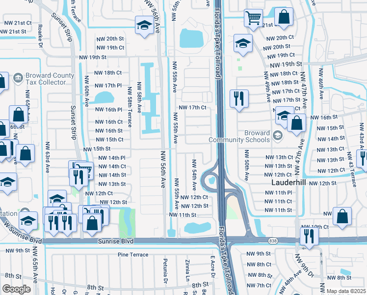 map of restaurants, bars, coffee shops, grocery stores, and more near 1520 Northwest 55th Avenue in Lauderhill