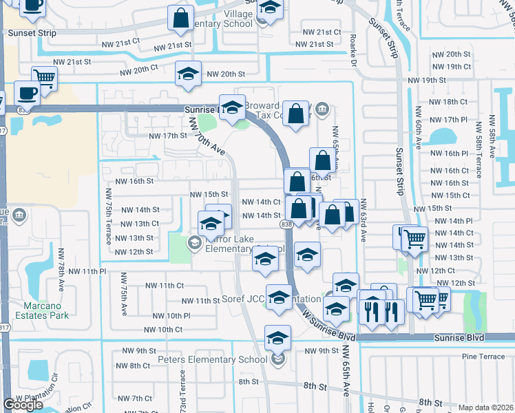 map of restaurants, bars, coffee shops, grocery stores, and more near 6885 Northwest 14th Court in Plantation
