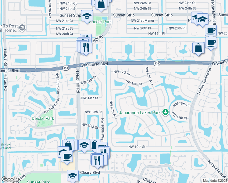 map of restaurants, bars, coffee shops, grocery stores, and more near 9761 Northwest 15th Street in Plantation