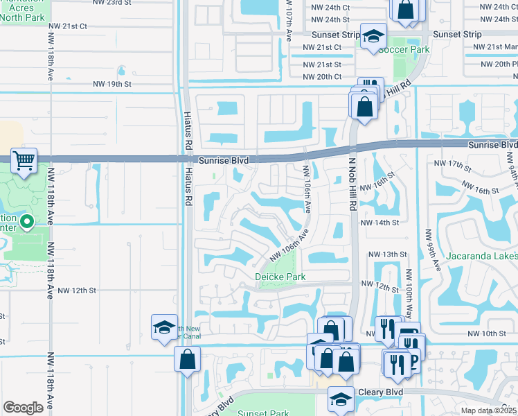 map of restaurants, bars, coffee shops, grocery stores, and more near 10761 Northwest 14th Street in Plantation