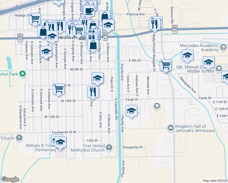 map of restaurants, bars, coffee shops, grocery stores, and more near 826 Palm Drive South in Mercedes