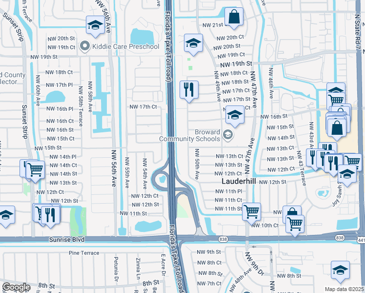 map of restaurants, bars, coffee shops, grocery stores, and more near 1421 Northwest 51st Avenue in Lauderhill