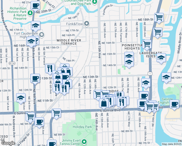 map of restaurants, bars, coffee shops, grocery stores, and more near 1325 Northeast 14th Avenue in Fort Lauderdale