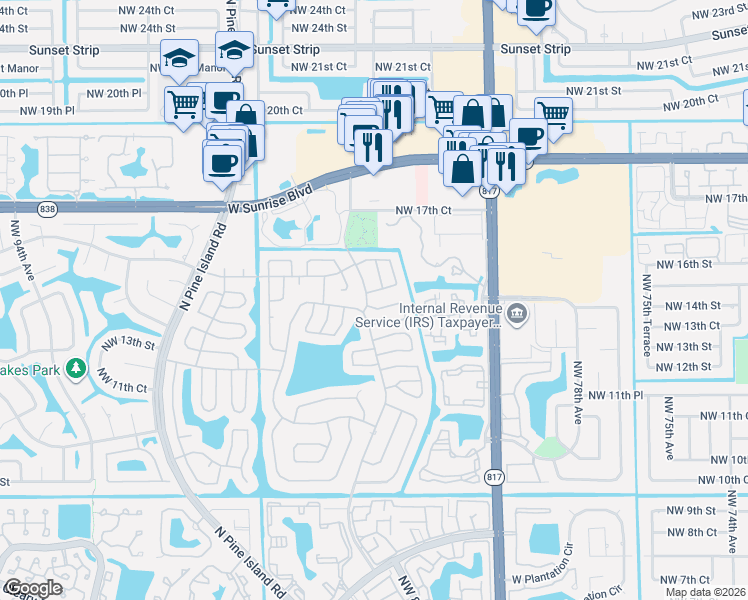 map of restaurants, bars, coffee shops, grocery stores, and more near 8228 Northwest 16th Street in Plantation