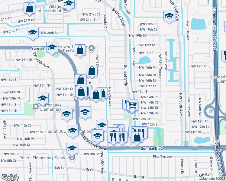 map of restaurants, bars, coffee shops, grocery stores, and more near 1520 Northwest 62nd Terrace in Sunrise