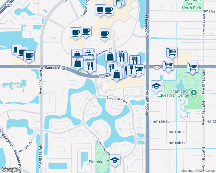 map of restaurants, bars, coffee shops, grocery stores, and more near 1630 Northwest 128th Drive in Sunrise