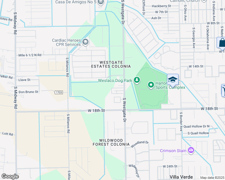 map of restaurants, bars, coffee shops, grocery stores, and more near 1808 South Westgate Drive in Weslaco