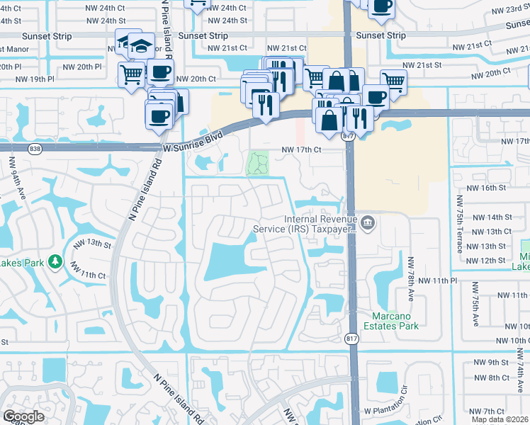 map of restaurants, bars, coffee shops, grocery stores, and more near 1540 Northwest 85th Avenue in Plantation