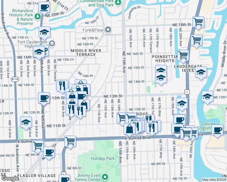 map of restaurants, bars, coffee shops, grocery stores, and more near 1325 Northeast 14th Avenue in Fort Lauderdale