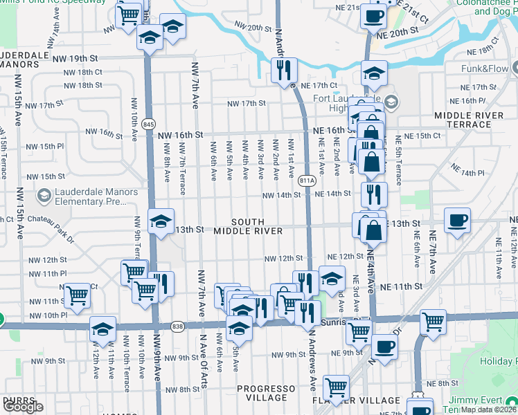 map of restaurants, bars, coffee shops, grocery stores, and more near 1340 Northwest 4th Avenue in Fort Lauderdale