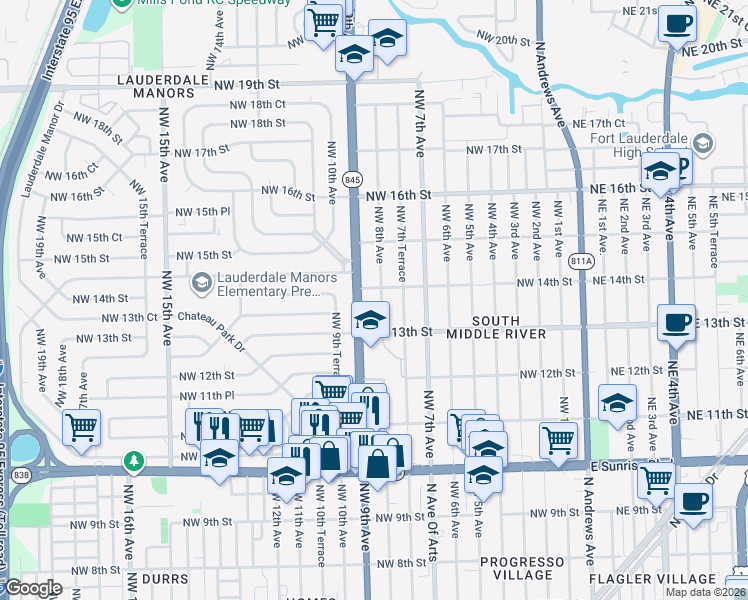 map of restaurants, bars, coffee shops, grocery stores, and more near 1340 Northwest 9th Avenue in Fort Lauderdale