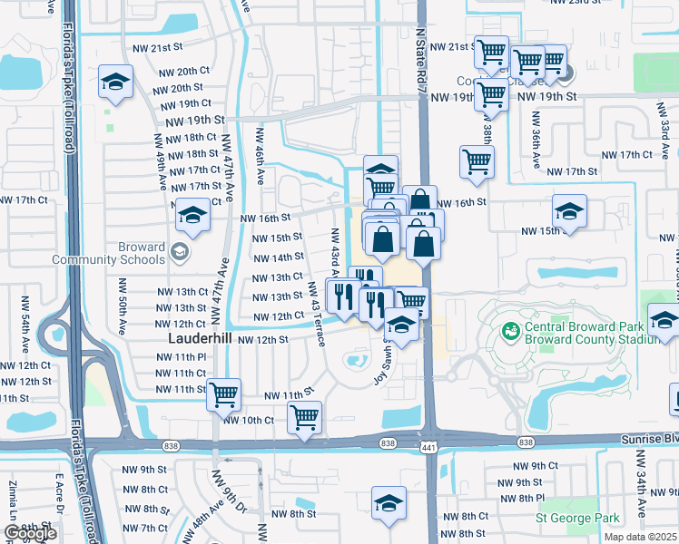 map of restaurants, bars, coffee shops, grocery stores, and more near 1330 Northwest 43rd Avenue in Lauderhill