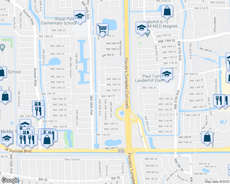 map of restaurants, bars, coffee shops, grocery stores, and more near 5325 Northwest 15th Court in Lauderhill