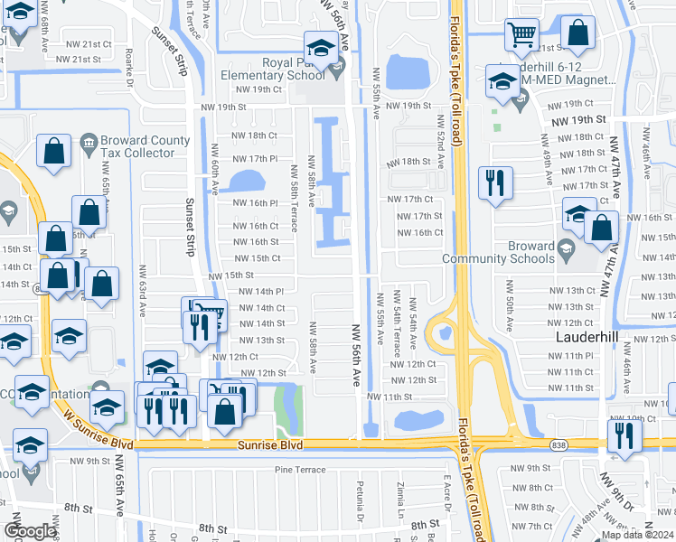 map of restaurants, bars, coffee shops, grocery stores, and more near 5600 Northwest 16th Street in Lauderhill