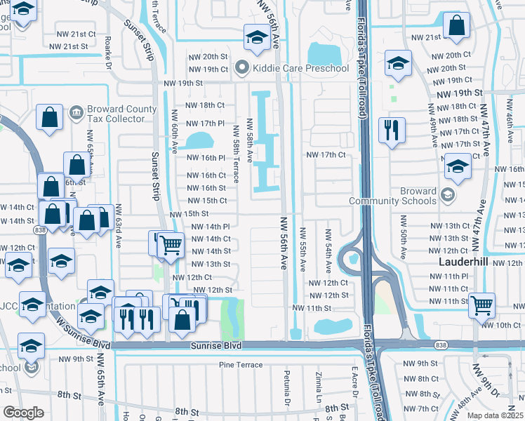 map of restaurants, bars, coffee shops, grocery stores, and more near 5716 Northwest 16th Street in Lauderhill