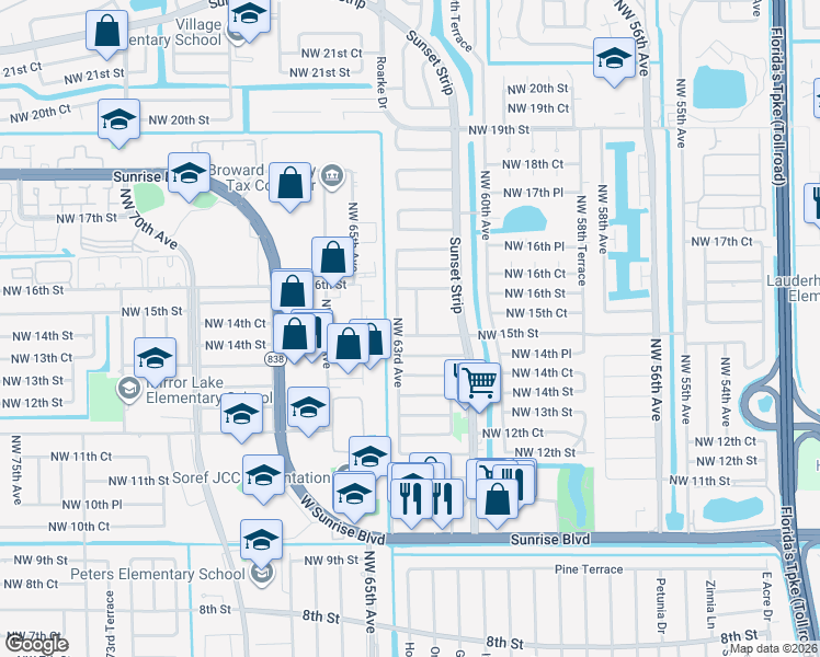map of restaurants, bars, coffee shops, grocery stores, and more near 1520 Northwest 62nd Terrace in Sunrise
